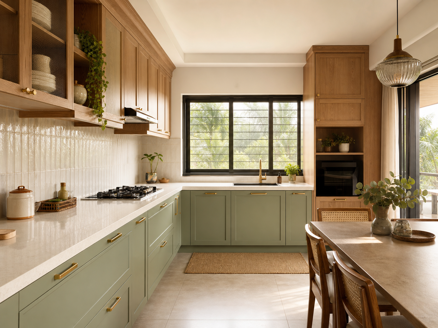 Warm modular kitchen with sage cabinetry